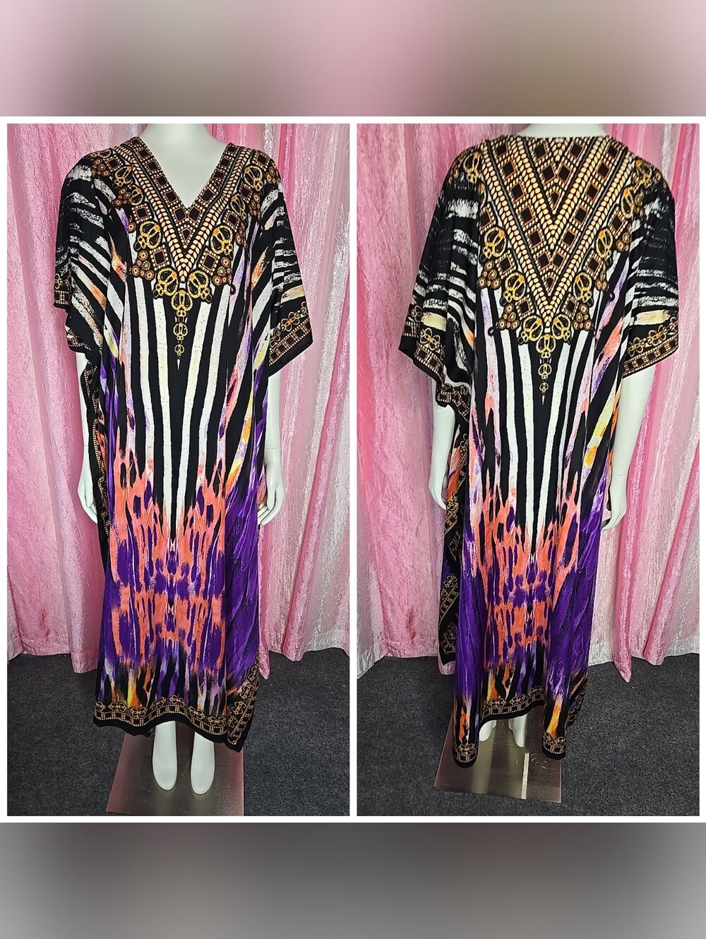 Winlar Colorful Purple Pink Gold Black Kaftan Kimono One Size